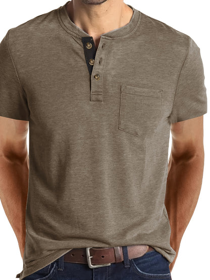 Men's Summer Casual Short Sleeve T-Shirt - Breathable Blend Round Neck Henley-Style Button Front, Semi-Sheer Fabric, Machine Washable Regular Fit for Outdoor & Casual Attire, Relaxed Style, Buttonfront Design, Easy Care, Buttonup Shirt, Warm Weather