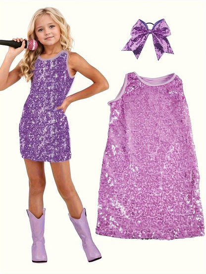 [2pcs Sparkly Sequin Dress] 2pcs/set Sparkly Sequin Sleeveless Dress for Girls | Fashionable Princess Party Gown with Hair Tie | 3-14Y (Dress + Headband)