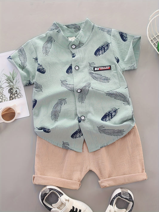 [Vibrant Boys' Set] 2pcs Vibrant Yellow Boys' Casual Feather Print Short Sleeve Shirt and Shorts Set | Button-Up Collared Shirt & Matching Shorts, Perfect for Spring/Summer, Baby Boy Outfit, Nonstretch Fabric, for Outdoor
