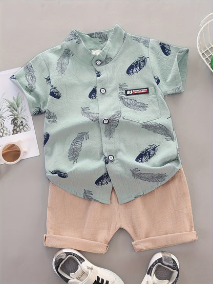 [Vibrant Boys' Set] 2pcs Vibrant Yellow Boys' Casual Feather Print Short Sleeve Shirt and Shorts Set | Button-Up Collared Shirt & Matching Shorts, Perfect for Spring/Summer, Baby Boy Outfit, Nonstretch Fabric, for Outdoor