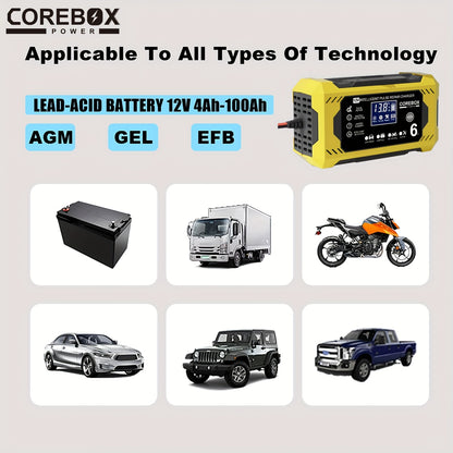 COREBOX 12V 6A Smart Battery Charger And Maintainer with LCD Display | US Plug, 110-130V Power Supply, Suitable for Cars, Trucks, Motorcycles, Lawn Mowers, Marine Lead Acid Batteries, Trickle Charging And Desulfation, Battery Not Included