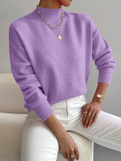 [Solid Color Pullover Sweater] Elegant Mock Neck Long Sleeve Drop Shoulder Women's Solid Color Pullover Sweater