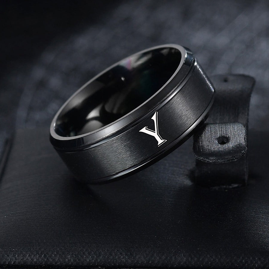 1pc European and American Fashion Versatile 26 English Letters Double Beveled Frosted Two-Line Men's Stainless Steel Ring (B81)