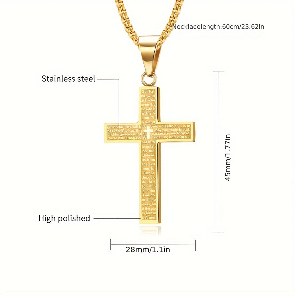 1pc 304 304 Stainless Steel Hypoallergenic Cross Pendant Necklace | 18K Gold Plated, Multi-Color Engraved, Includes Box, Unisex, Ideal for Daily Wear and Gift-Giving Occasions