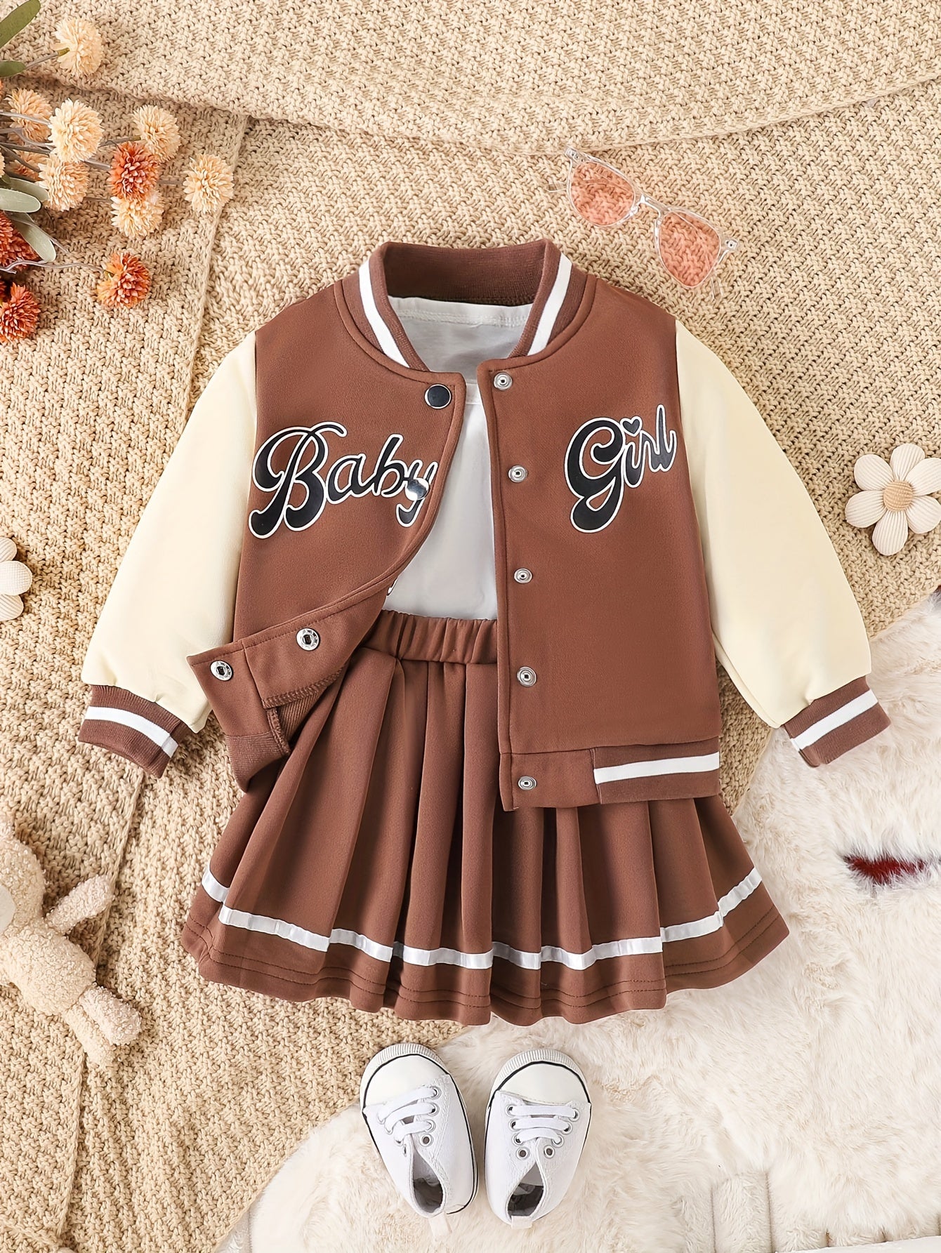 Girls' American-Style Patchwork Baseball Jacket And a Preppy-Style Skirt Set