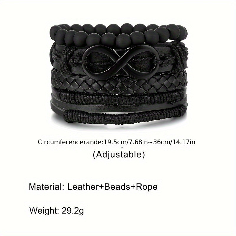 Men's 4pcs Mobius Loop Denim Faux Leather Bracelet Set - Vintage Infinity Bead Multi-Layer Band for Rock & Carnival Fashion, Band, Faux Leather