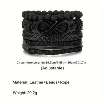 Men's 4pcs Mobius Loop Denim Faux Leather Bracelet Set - Vintage Infinity Bead Multi-Layer Band for Rock & Carnival Fashion, Band, Faux Leather