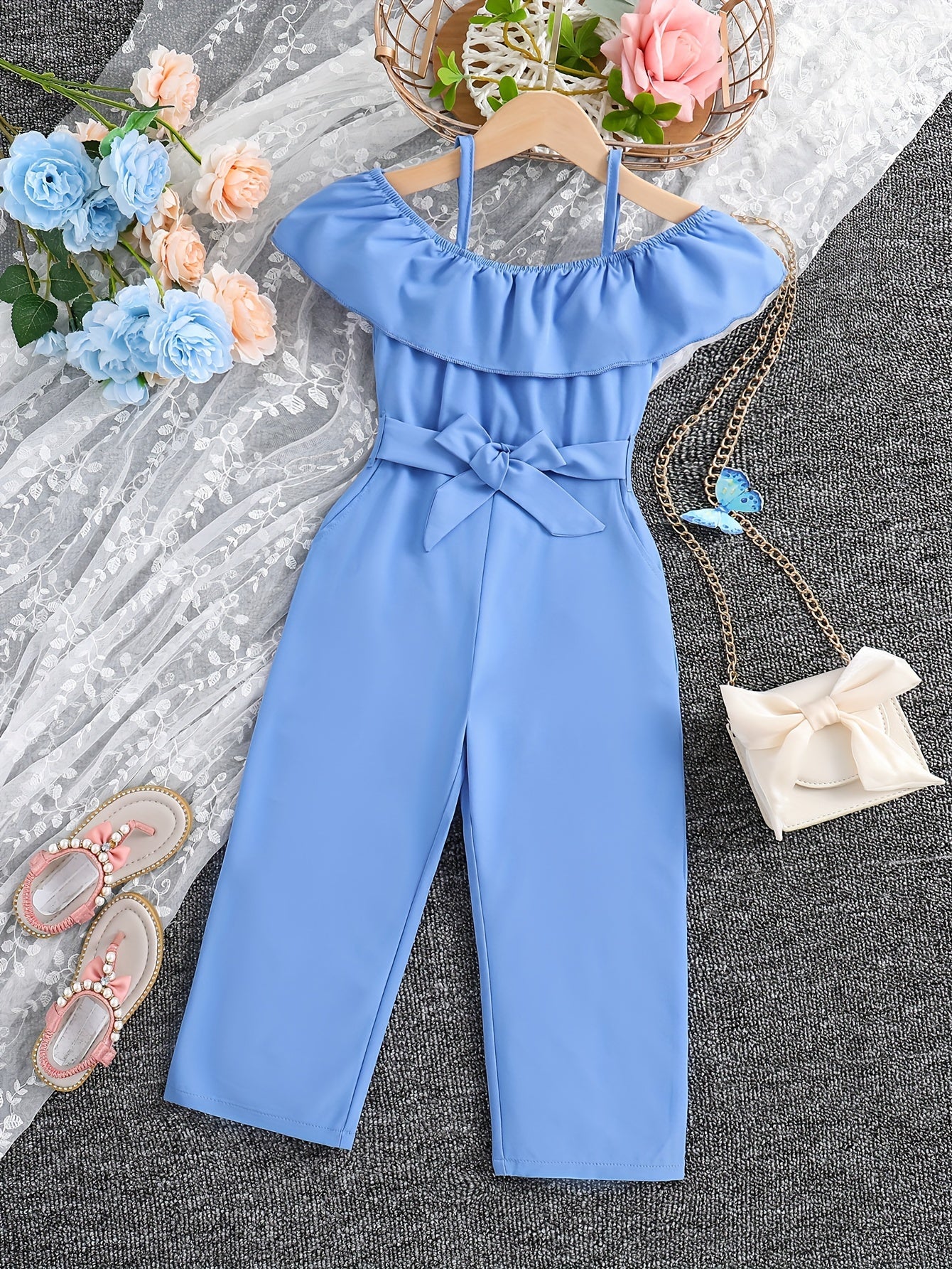 Summer Casual Outings for Girls Featuring a Sleeveless Ruffled Strap Jumpsuit in Solid Color, Complete with a Belt, for Outdoor