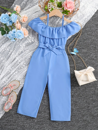 Summer Casual Outings for Girls Featuring a Sleeveless Ruffled Strap Jumpsuit in Solid Color, Complete with a Belt, for Outdoor