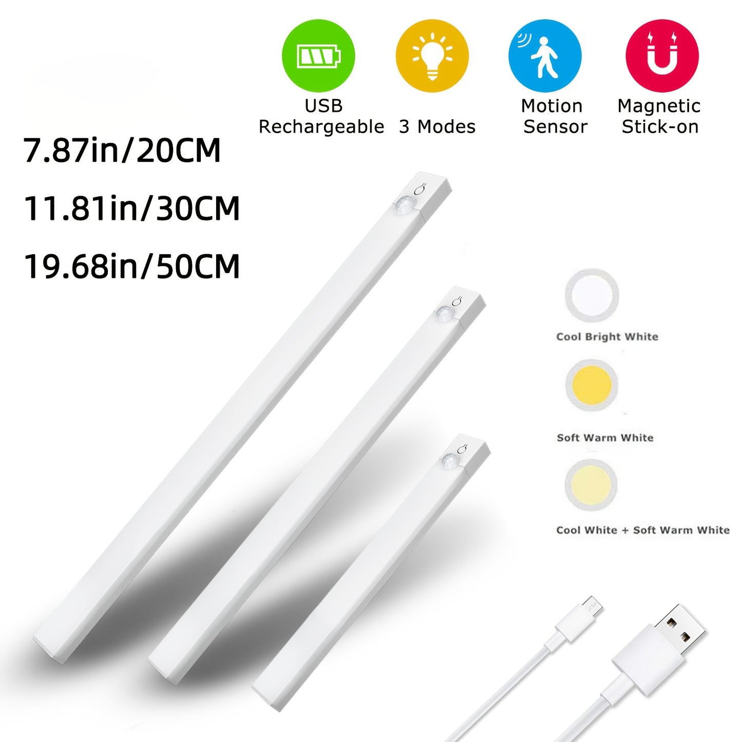 11.81/19.68In Under-Unit Light, USB Rechargeable Dimmable Cabinet Light - Motion Activated, LED Sensor Light, Night Light Suitable for Kitchen, Bathroom, Bedroom, Stage Lighting, And Music Stand Lighting