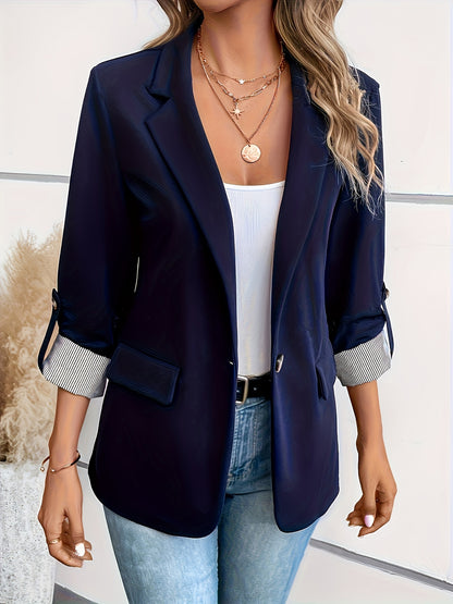 [Elegant Blazer] Polyester Elegant Light Blue Women's Blazer | Double-Breasted with Lapel Collar & Cuff Detail - Three-Quarter Sleeve, Spring/Fall Fashion Jacket