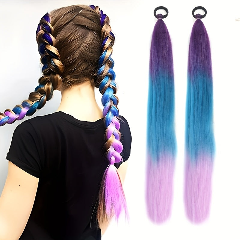 26 Inch Rainbow Synthetic Braided Hair Extensions - Luminous Twisted Hair with Vibrant Gradient Colors (Pink to Blue to Purple), Easy Clip-In for Women, Versatile Hairpiece for Parties & Casual Outfits, Party Hairpiece, Gradient Color Hair, Easy Clipin Ha