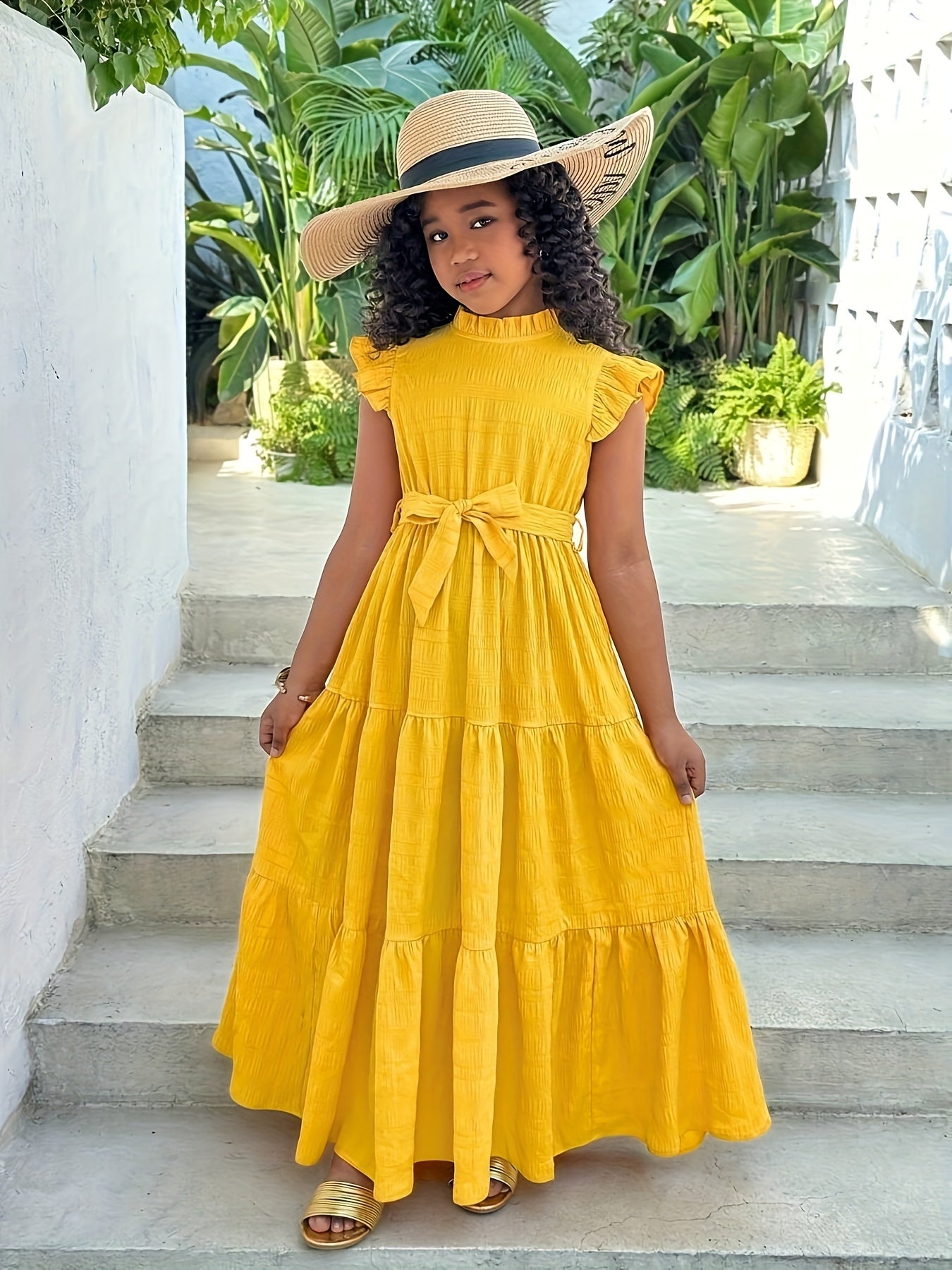 Elegant Long Dress for Teen Girls with Pleated Stand Collar, Ruffled Cap Sleeves, and Belt | Solid Color, Slight Stretch Fabric, Suitable for Casual Outdoor Vacations