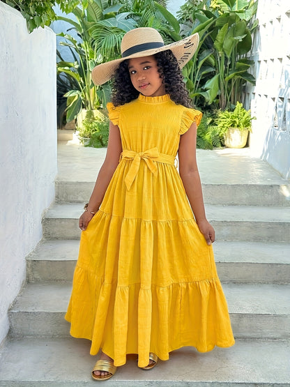 Elegant Long Dress for Teen Girls with Pleated Stand Collar, Ruffled Cap Sleeves, and Belt | Solid Color, Slight Stretch Fabric, Suitable for Casual Outdoor Vacations