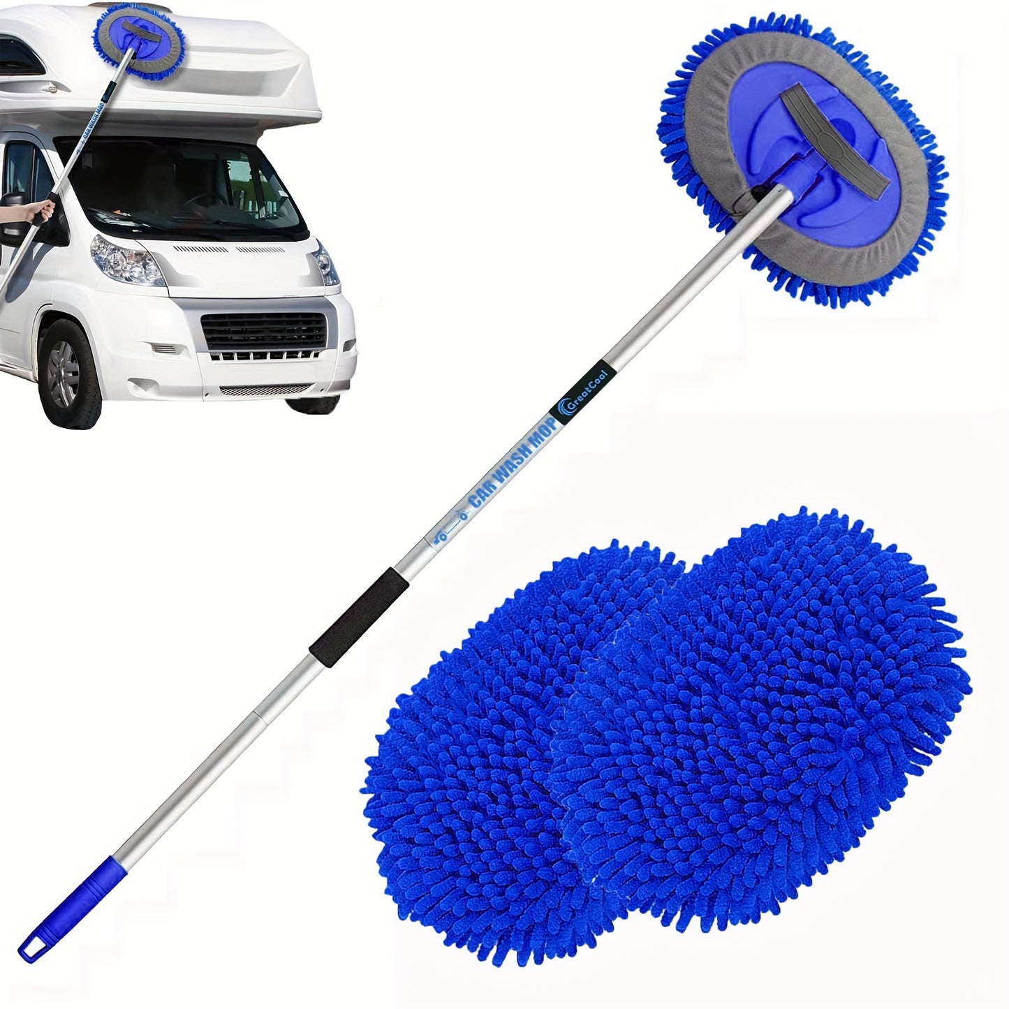 62" Car Wash Brush Kit with Long Handle, Scratch Free Mop Cleaning Mitt Suitable for Washing Cars Truck SUV RV Caravans and Household(2 X Mop Head)