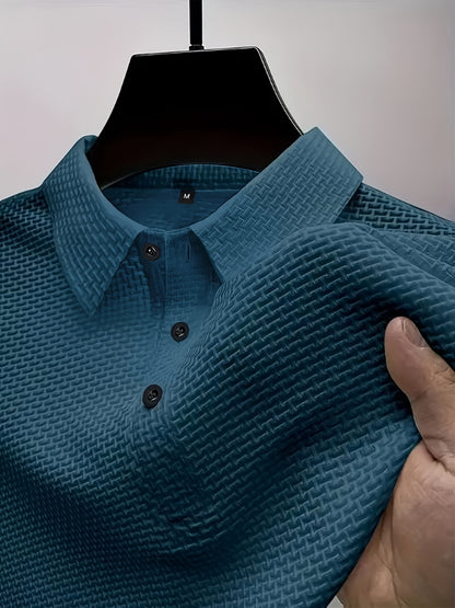 2024 New Ice Slicky Fiber Fabric Jacquard Casual Sports Top, Men's High-End Summer Solid Color Short-Sleeve T-Shirt for Golf, Fishing, Basketball, Camping, Gym Swimming and Beach Shirts with Turn Collar