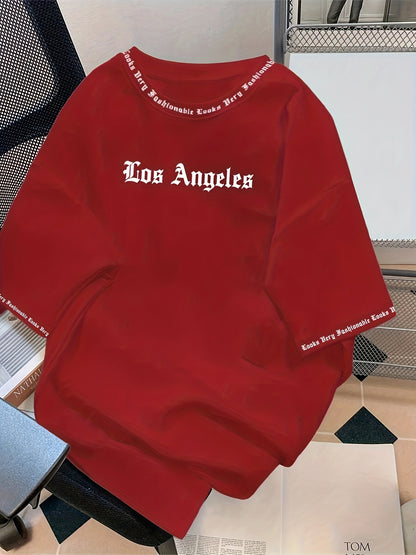 Men'S Los Angeles Letter Print T-Shirt - Red Casual Short Sleeve Round Neck Tee with LA Lettering, 100% Polyester, Machine Washable, Perfect For Casual Outings & Holidays, Holiday Apparel | Casual Style | Durable Fabric, Los Angeles T Shirt