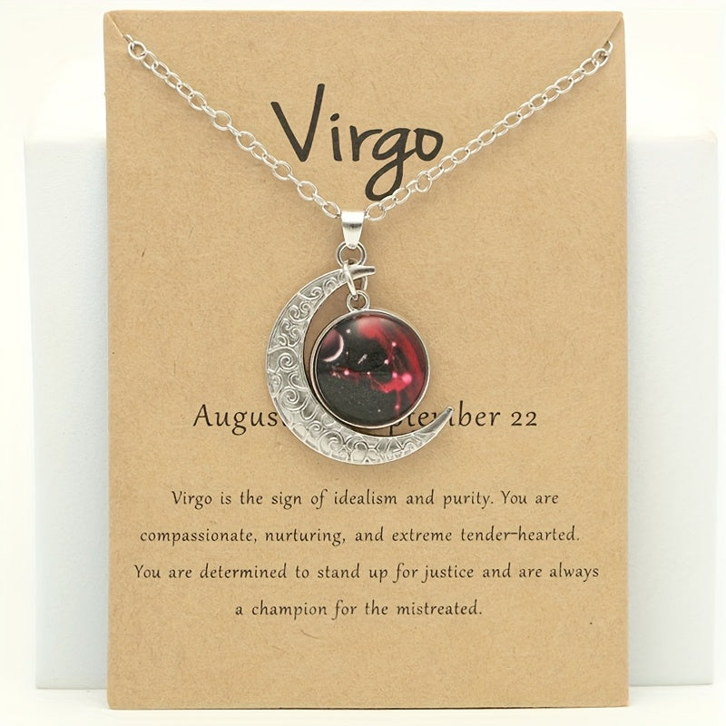 1pc Retro Glow-In-The-Dark Zodiac Moon Pendant Necklace - Vintage Style, Zinc Alloy with Accents, Adjustable Chain for Women - Ideal for Daily Wear & Gifting, Zodiac Jewelry, Gift Jewelry, Vintage Jewelry, Durable Jewelry