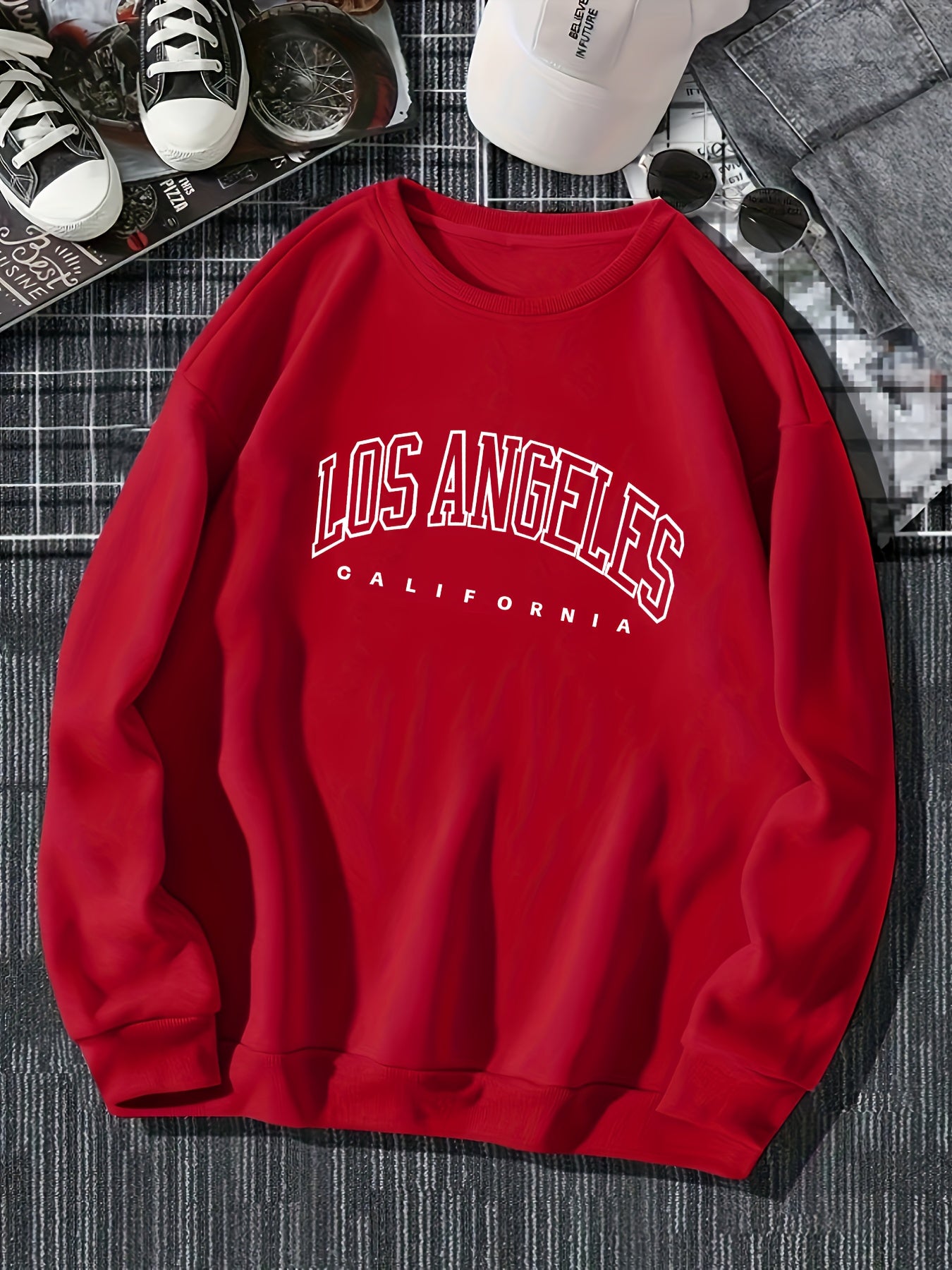 Los Angeles Print Preppy Sweatshirt, Long Sleeve Crew Neck Casual Sweatshirt For Winter & Fall, Women's Clothing