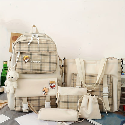Women's Backpacks New Fashion Minimalist Plaid Color-Block Large Capacity High School Campus Backpack 5pcs Set Portable Single Compartment Crossbody Handbag Study Supply Bag