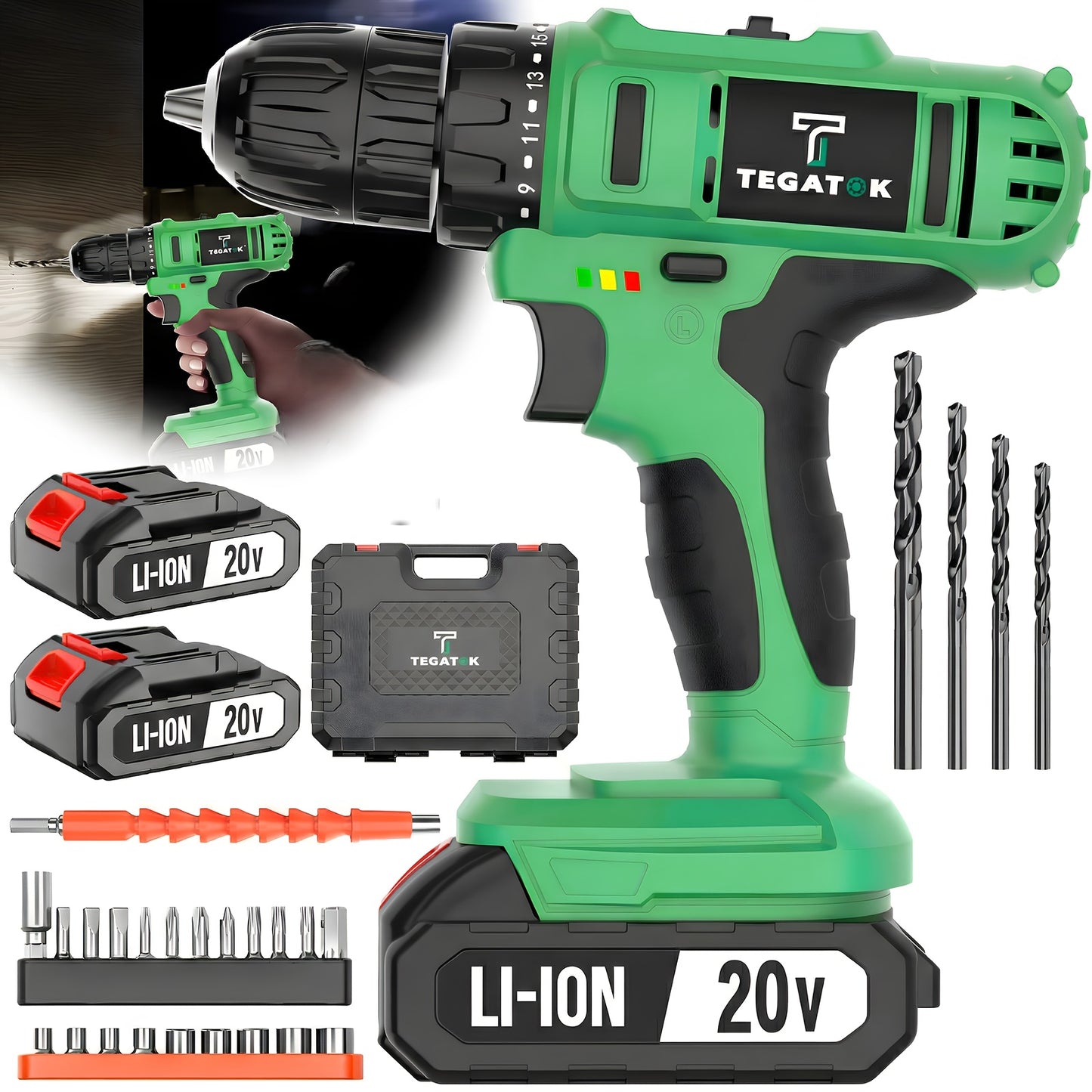 20V Industrial Electric Cordless Impact Drill, Drilling Concrete Walls, Powerful Performance, Easy to Drill Holes, Can Tighten Screws, 3/8-inch Keyless Chuck, 18+3 Torque Setting, Built-in LED Light, 35Nm Maximum Torque, 2.0Ah Battery, Perfect Gift