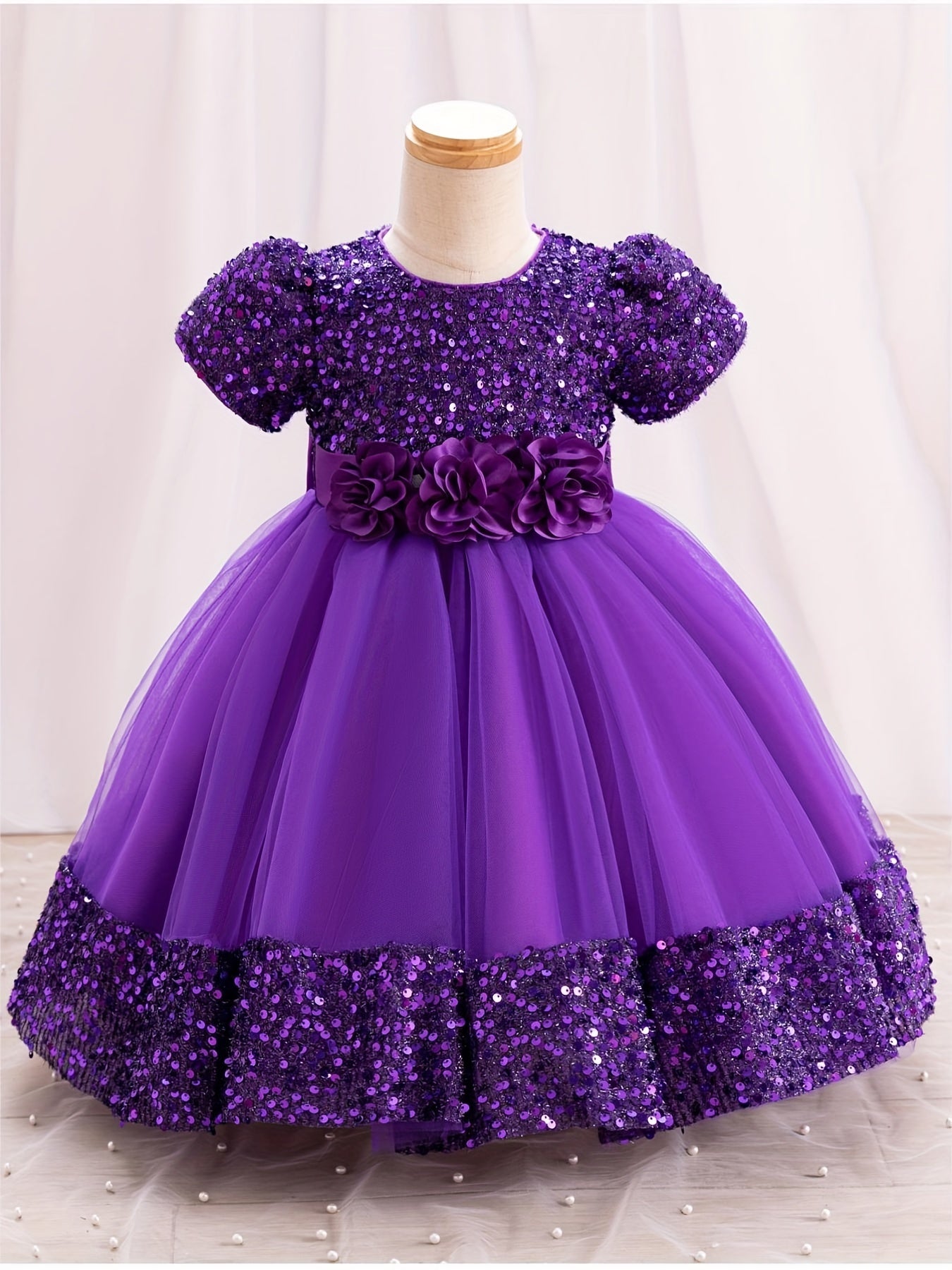 Sequined Children's Gown with Puffy Tulle Princess Dress for Baby Girl's First Birthday Party