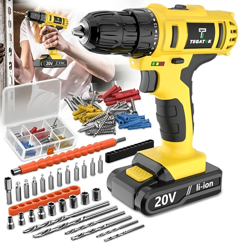20V Industrial Electric Cordless Impact Drill, Drilling Concrete Walls, Powerful Performance, Easy to Drill Holes, Can Tighten Screws, 3/8-inch Keyless Chuck, 18+3 Torque Setting, Built-in LED Light, 35Nm Maximum Torque, 2.0Ah Battery, Perfect Gift
