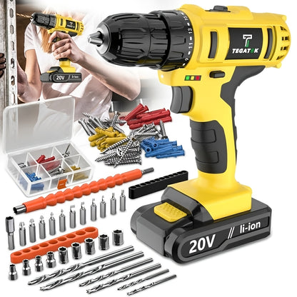 20V Industrial Electric Cordless Impact Drill, Drilling Concrete Walls, Powerful Performance, Easy to Drill Holes, Can Tighten Screws, 3/8-inch Keyless Chuck, 18+3 Torque Setting, Built-in LED Light, 35Nm Maximum Torque, 2.0Ah Battery, Perfect Gift