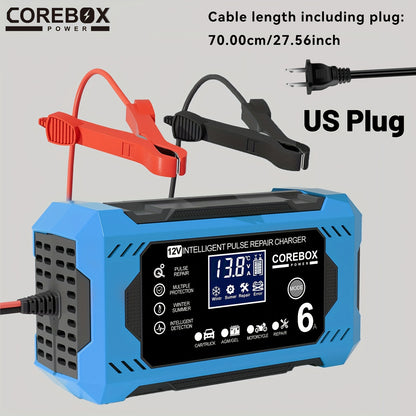 COREBOX 12V 6A Smart Battery Charger And Maintainer with LCD Display | US Plug, 110-130V Power Supply, Suitable for Cars, Trucks, Motorcycles, Lawn Mowers, Marine Lead Acid Batteries, Trickle Charging And Desulfation, Battery Not Included