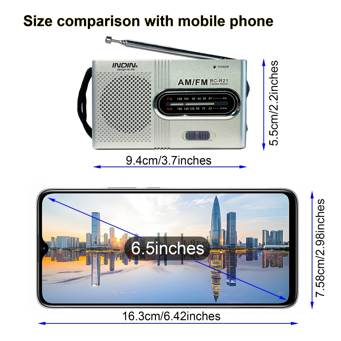 [Portable Mini Radio] INDIN BC-R21 Portable Mini Radio | AM FM Loudspeaker, Headphone Jack, 2AA Battery Operated | Long Range Reception, Pocket Radio for Indoor, Outdoor, Emergency Use, Best Gift
