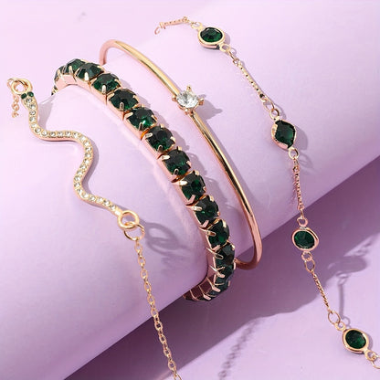 Set of 4 Elegant And Sexy Green Faux Gemstone Rhinestone Claw Chain Snake-Shaped Bracelets with Open Bangles