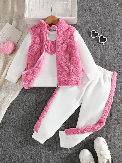 3pcs Girls' Casual Set/Plush Heart Jacquard Vest+Heart Embroidery Top+Plush Patchwork Pants/Warm Autumn Winter Fashion/Perfect for Outings Outdoor Activities