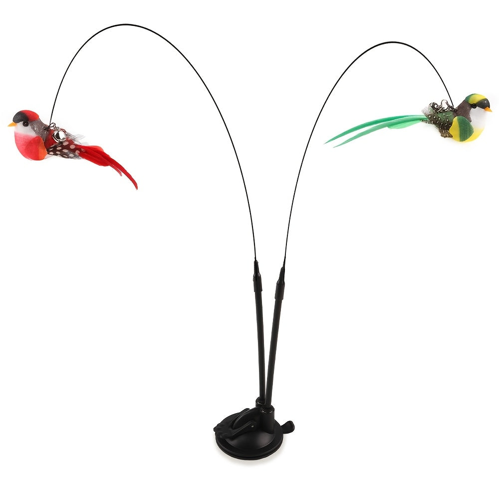 Interactive Cat Teasing Stick with Long Double Rod & Powerful Sucker Base - Hands-Free Cat Toy with Artificial Feather Attachment (Red/Green), Non-Toxic Polyester for Hunting Exercise, Kittens & Adult Cats - Indoor/Outdoor Play, No Batteries Needed - Pet