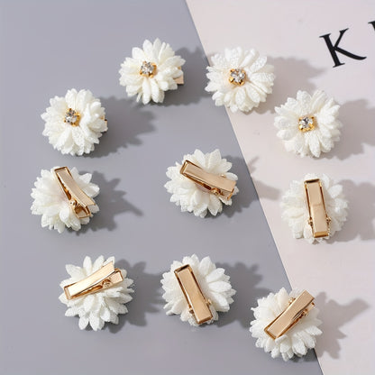 10pcs of Women'S Off-White Fabric Small Daisy Hair Clips with White Rhinestones in The, Suitable for Parties, Gatherings, Festivals, And Everyday Wear