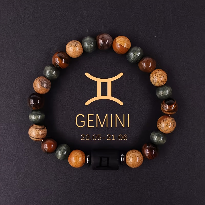 Natural Stone Beaded 12 Constellations Tiger Eye Stone Picture Bracelet, Durable 1pc Birthday Gift Valentines Day Gift