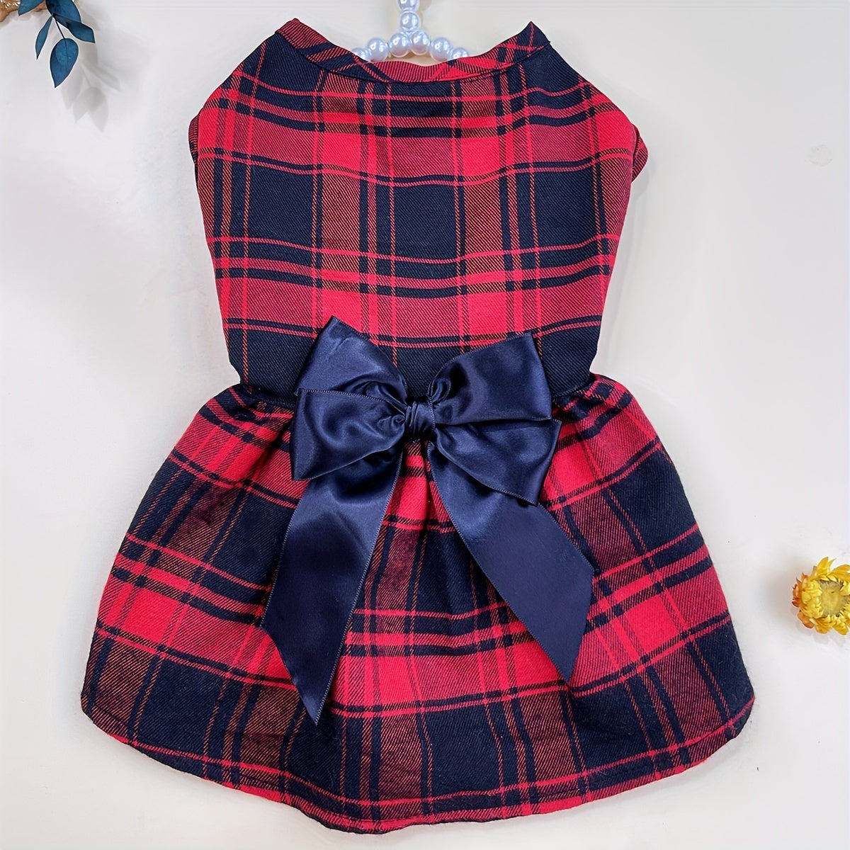 Pet Clothing Cat and Dog Four Seasons Big Grid College English Bow Dress 1pc
