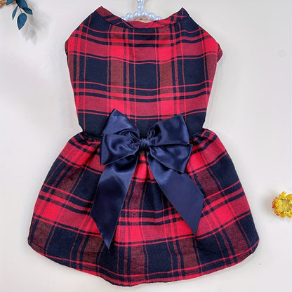 Pet Clothing Cat and Dog Four Seasons Big Grid College English Bow Dress 1pc