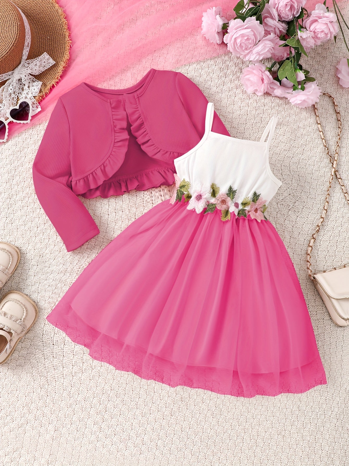 Girls' Autumn And Winter Casual Fashion Two-Piece Set with Ruffled Jacket And Floral Embroidered Dress, Perfect for Holiday Party Gifts, for Outdoor