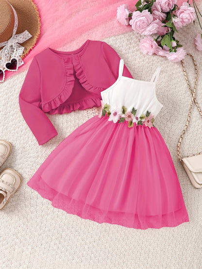 Girls' Autumn And Winter Casual Fashion Two-Piece Set with Ruffled Jacket And Floral Embroidered Dress, Perfect for Holiday Party Gifts, for Outdoor