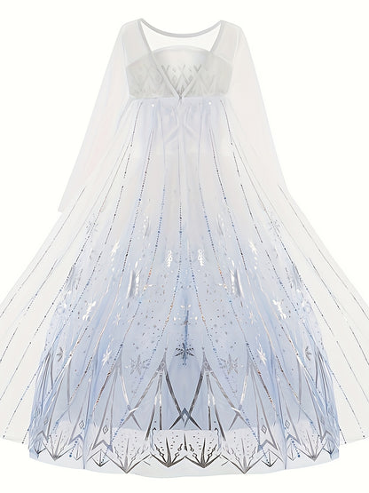 White Ice And Snow Dress for Girls, Themed Costume, White Princess Gown, Carnival Outfit, Floor-Length Cape Dress