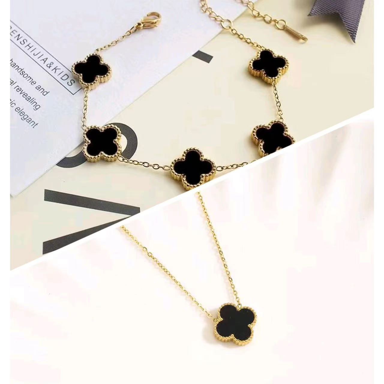Van Cleef ins niche light luxury titanium steel fading double-sided bracelet high-grade texture necklace four-leaf clover necklace for mother