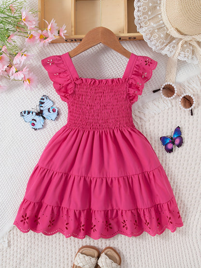 Girls' Casual Dress, Summer Daily Casual Outing, Square Neckline Sleeveless Small Flutter Sleeve Design, Gathered Waist, Solid Color, Knee-Length