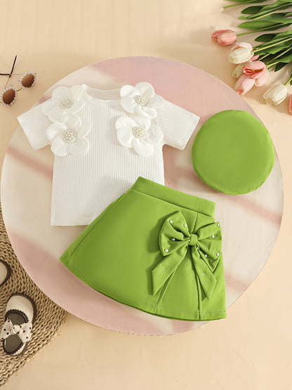 Girl's Sweet and Stylish Appliqué Short-Sleeve Top with Lining, Paired with a Bow Skirt and Beret Hat Set, Suitable for Toddler Girls as Summer Outerwear, Latest Summer Clothing for Baby Girls, Perfect for Outdoor