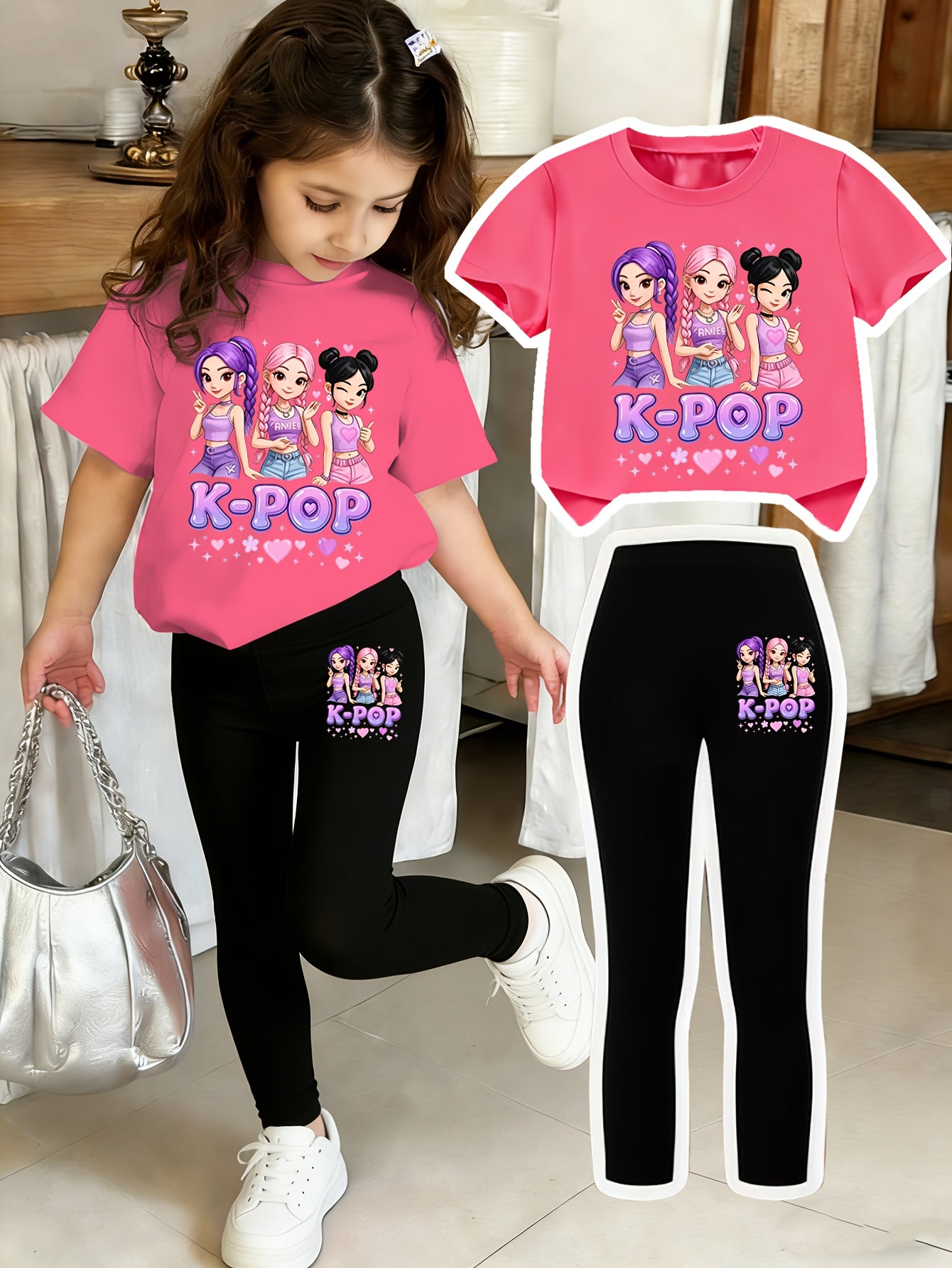 Girls' Sweet Cool K-POP Girl Group Set: Short Sleeve T-Shirt + Black Tight Pants. Skin-friendly Children's Clothing Featuring Vibrant K-POP Girl Group Cartoon Prints and "K-POP" Slogans. Sweet and Cool Korean Style with Matching Elements on Top and