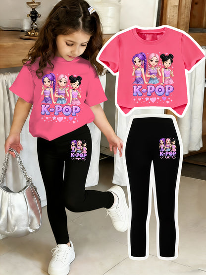 Girls' Sweet Cool K-POP Girl Group Set: Short Sleeve T-Shirt + Black Tight Pants. Skin-friendly Children's Clothing Featuring Vibrant K-POP Girl Group Cartoon Prints and "K-POP" Slogans. Sweet and Cool Korean Style with Matching Elements on Top and