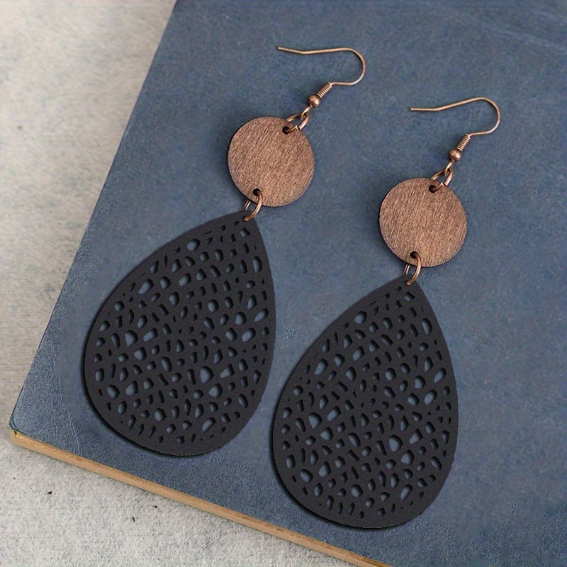 Vintage Style Hollow-Out PU Leather Drop Earrings, Iron Post, Non-Feather, for Daily Wear & Gifting, Versatile Jewelry | Vintage Earrings | Iron Ear Hooks, Novelty Earrings