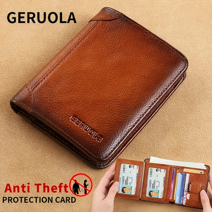 [RFID Wallet] A Men's Genuine Leather RFID Blocking Wallet - Ultra-Thin Foldable Design, Featuring 2 ID Card Slots, Large Capacity for Cash And Cards, Gold-Tone Hardware, And Anti-Theft Design
