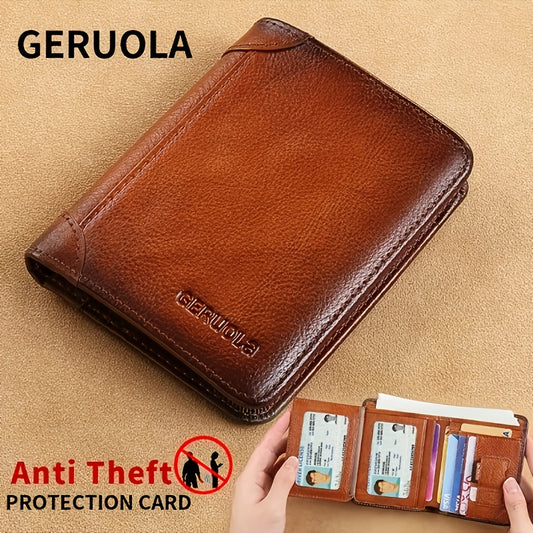 [RFID Wallet] A Men's Genuine Leather RFID Blocking Wallet - Ultra-Thin Foldable Design, Featuring 2 ID Card Slots, Large Capacity for Cash And Cards, Gold-Tone Hardware, And Anti-Theft Design