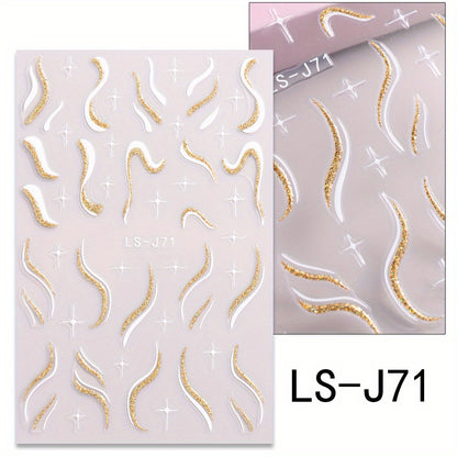 French Golden Silvery Glitter Ribbon Nail Stickers, Simple Nail Art Decals, Self-adhesive, Matte Finish, Unscented, Fantasy Theme, Irregular Shape, Paper Material, Single Use