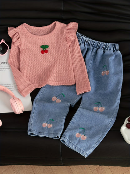 New Spring And Autumn Girls' Cute Ruffled Cherry Long-Sleeved Shirt/Cherry Embroidered Denim Long Pants Set 2pcs Set, for Outdoor
